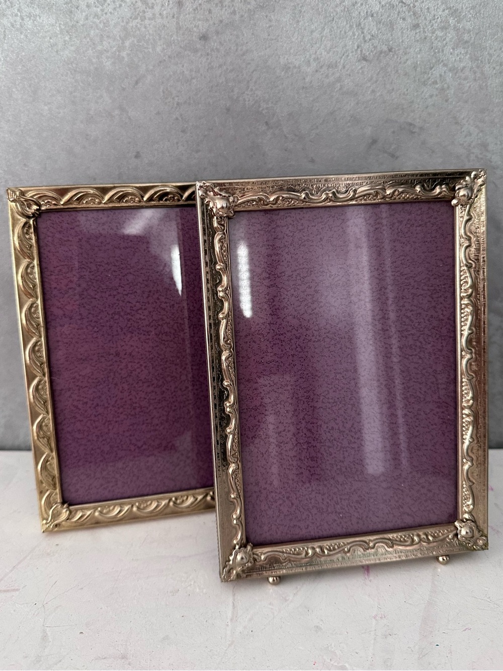 2 Vintage Ornate Gold Metal 1 FOOTED Photo Frame Tabletop 5x7